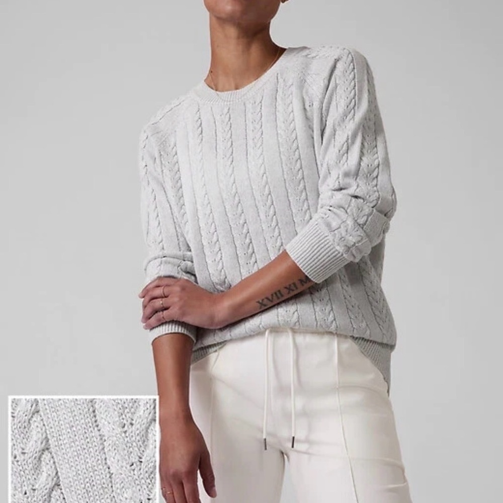 ATHLETA Women's-L/G Crossroads Cable Knit Sweater Sparkle Gray Merino Wool
